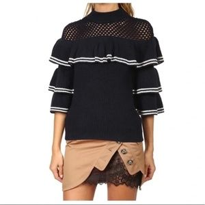 SELF PORTRAIT Ruffled WOOL Blend Open Knit Sweater Navy S